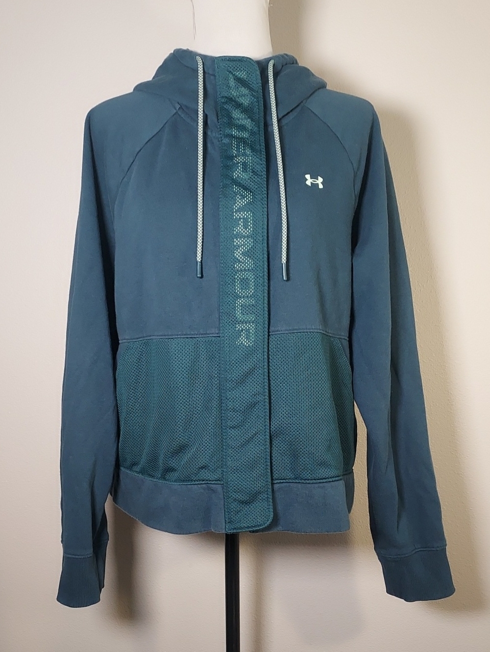 Under Armour Teal Full Zip Hoodie Mesh Paneling & Logo Print Size Large